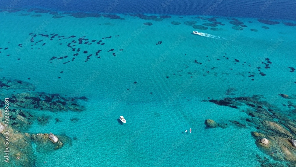 Fototapeta premium Aerial view of the shoreline of Kavourotrypes Beach, Sitonia, Halkidiki, Greece