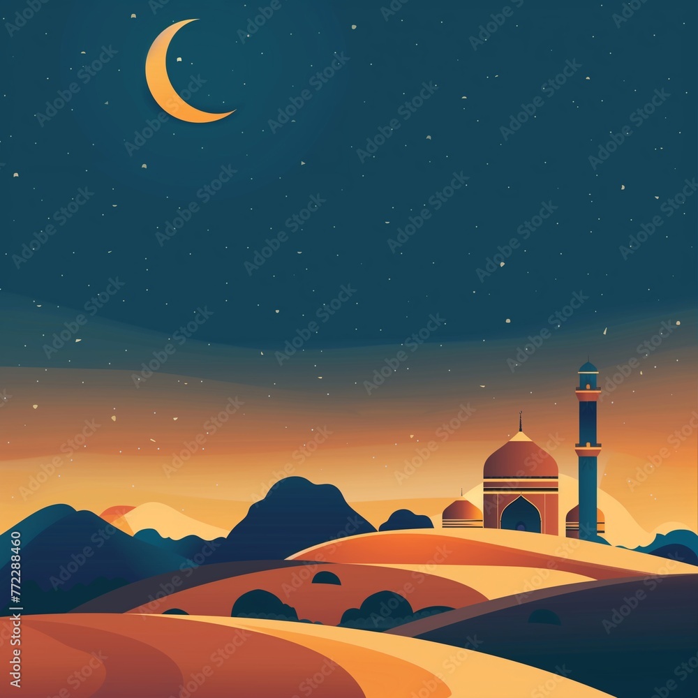 Illustration of abstract ramadan kareem mosque, arabic muslim mosques and minarets, religious eastern architecture, background.
