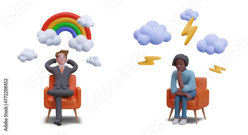 Sadness and joy, depression and happiness. Vector cartoon set of 3D compositions with characters