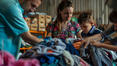 A family sorting through donated clothing at a shelter © MistoGraphy