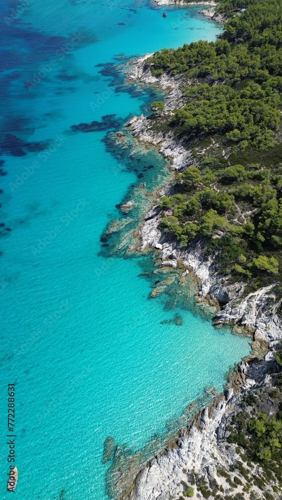 Aerial view of the shoreline of Paradise Beach, Sitonia, Halkidiki, Greece