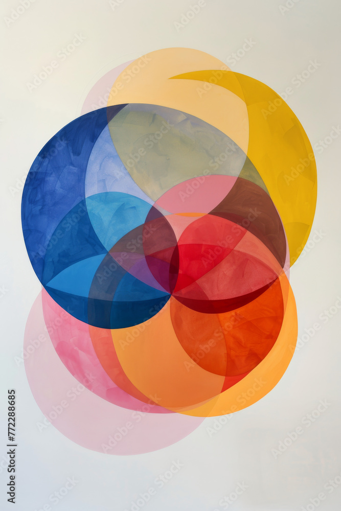 Obraz premium A colorful abstract painting with a blue circle in the center. The painting is full of different colors and shapes, creating a sense of movement and energy