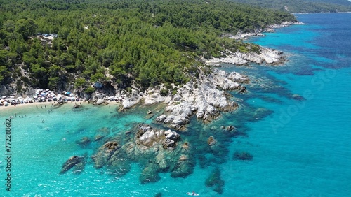 Aerial view of the shoreline of Paradise Beach, Sitonia, Halkidiki, Greece