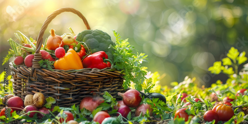 A basket overflowing with a variety of freshly picked with colorful vegetables, set against the backdrop of a sunlit, local farm.