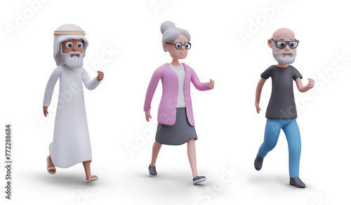 Elderly people run. Set of vector characters of different gender, faith, nation