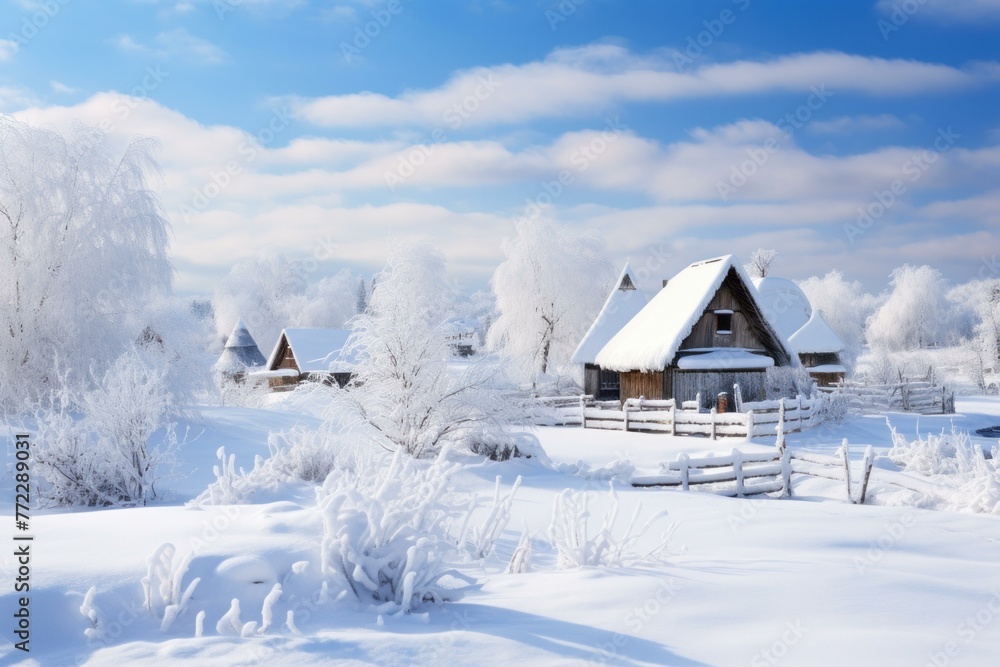 Quaint Rural winter landscape village house. Sunrise season. Generate Ai