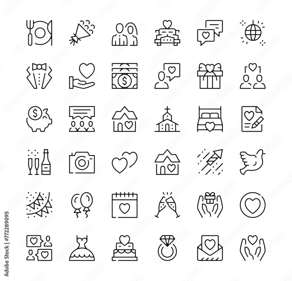 Wedding icons set. Vector line icons. Black outline stroke symbols