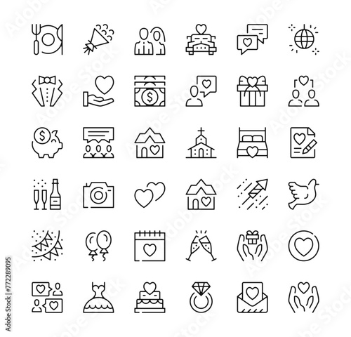Wedding icons set. Vector line icons. Black outline stroke symbols