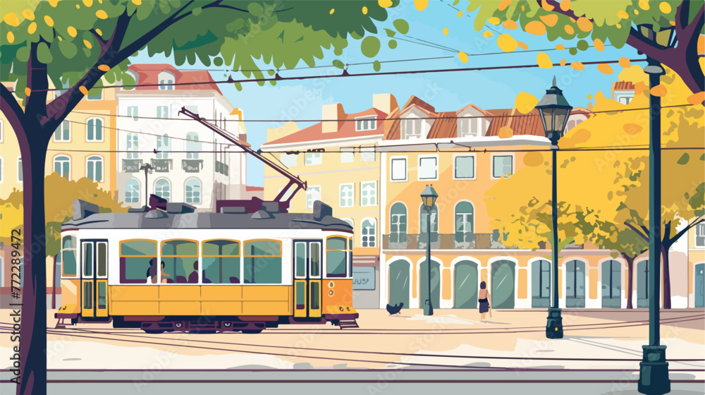Commerce square in Lisbon with a tramway  Vector i
