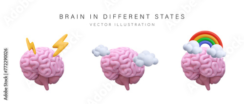 Set of brains in different states. Vector symbols of emotions and processes
