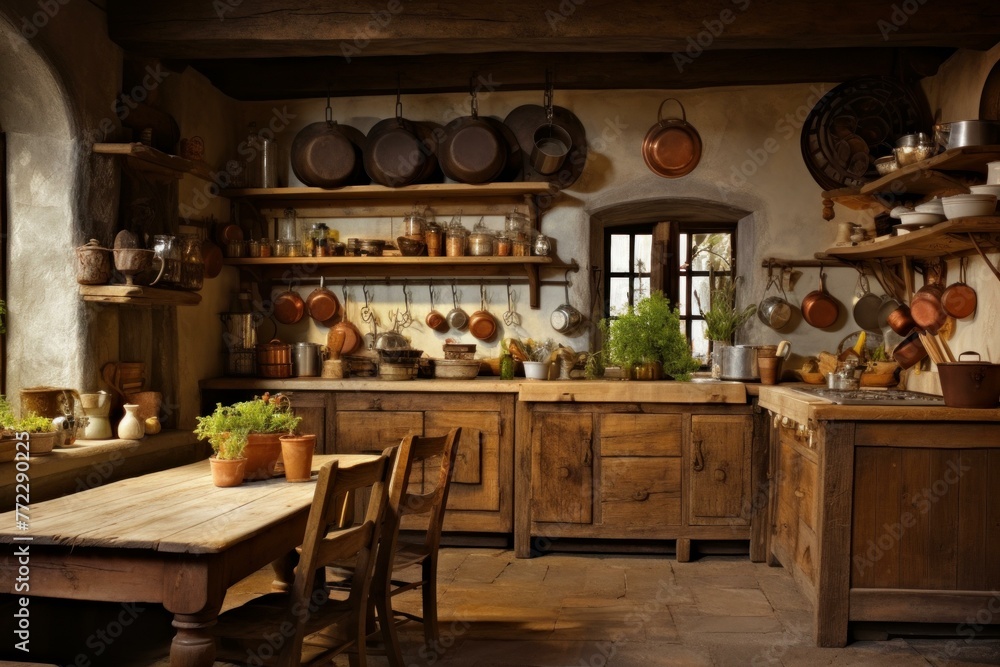 Distressed Rustic kitchen. Cottage wood house. Generate Ai
