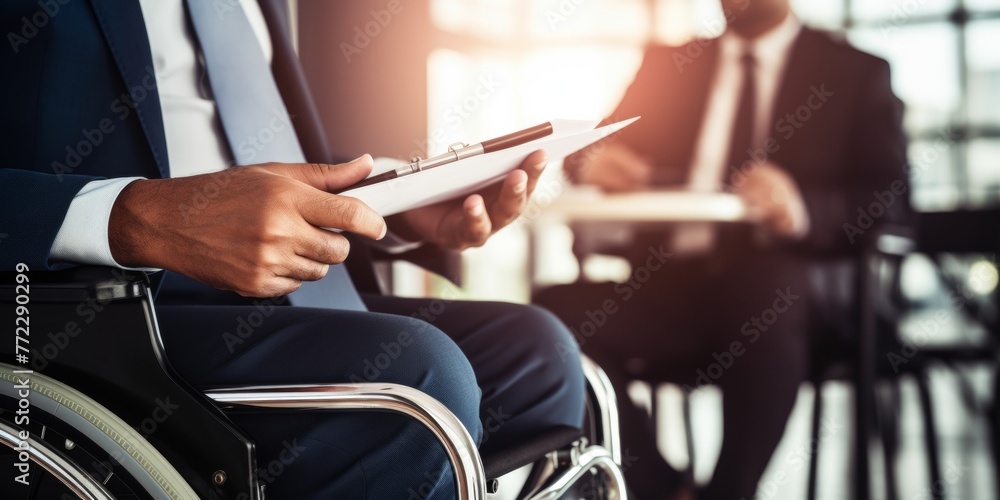 Positive disabled young man in wheelchair working in office. Company CEO in wheelchair reading business report. Generative AI.