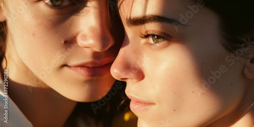 Young lesbian couple touches foreheads to each other closeup. Generative AI.