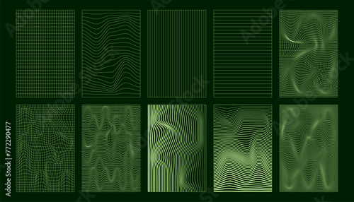 Set of geometry wireframe backgrounds with editable stroke. Distorted grid posters in trendy psychedelic rave style. Y2k retro futuristic aesthetic.