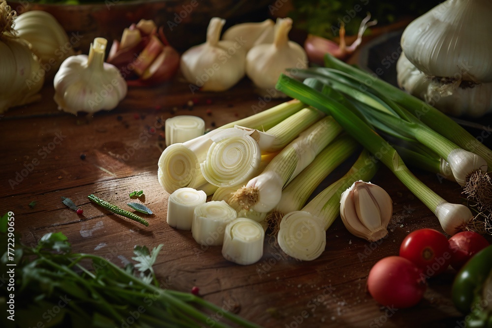 Fresh Leeks and Garlic on Wooden Surface Fresh Leeks and Garlic on Wooden Surface