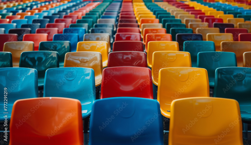 Fototapeta premium Vibrant Array of Empty Stadium Seats Awaiting Spectators, a Rainbow of Anticipation and Excitement