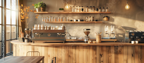 modern cozy interior design of beige color coffee shop cafe with wooden round corner bar 