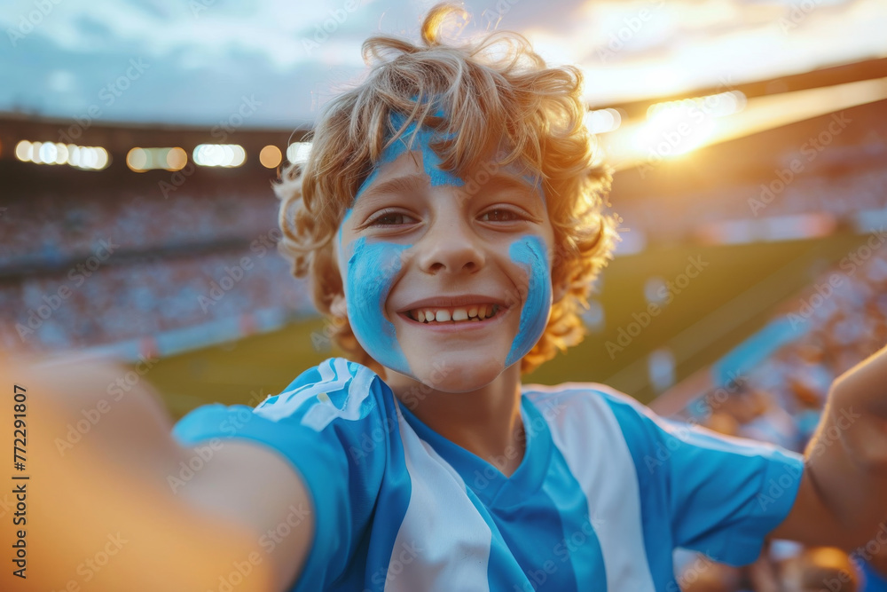 Fototapeta premium Exuberant boy taking selfie with blue face paint at a football match, feeling excitement and joy