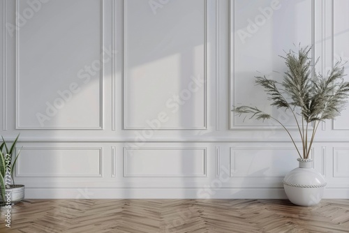 White classic wall background, brown parquet floor, home furniture detail, frame and vase of plant - generative ai