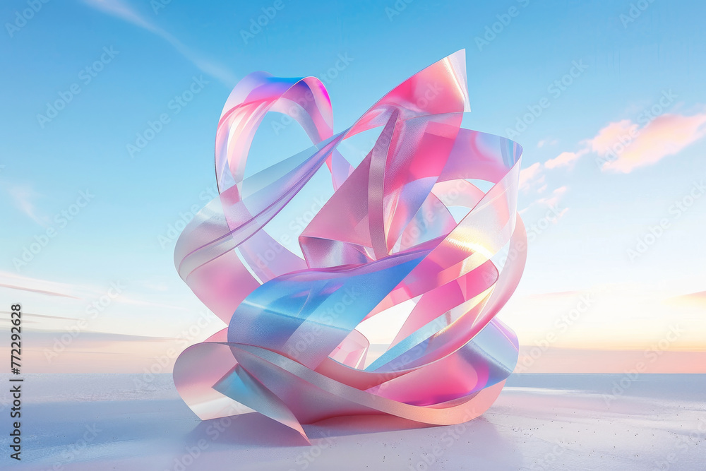 Surreal Iridescent Ribbon Sculpture Against Pastel Sunset Sky Surreal Iridescent Ribbon Sculpture Against Pastel Sunset Sky