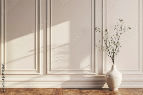 White classic wall background, brown parquet floor, home furniture detail, frame and vase of plant - generative ai photo
