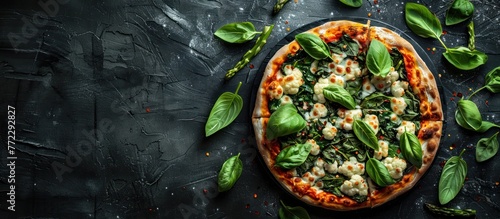 A pizza covered with melted cheese and fresh spinach leaves on top, creating a mouthwatering dish.