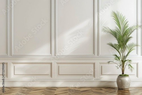 White classic wall background, brown parquet floor, home furniture detail, frame and vase of plant - generative ai © Nia™