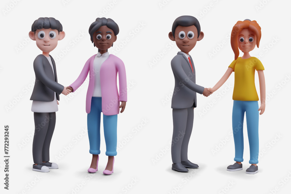 Vector realistic characters shaking hands. 3D people of different genders and races work together