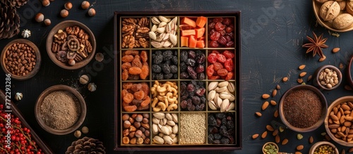 A box clustered with various types of nuts and dried fruits, creating a rich and diverse assortment of snacks.