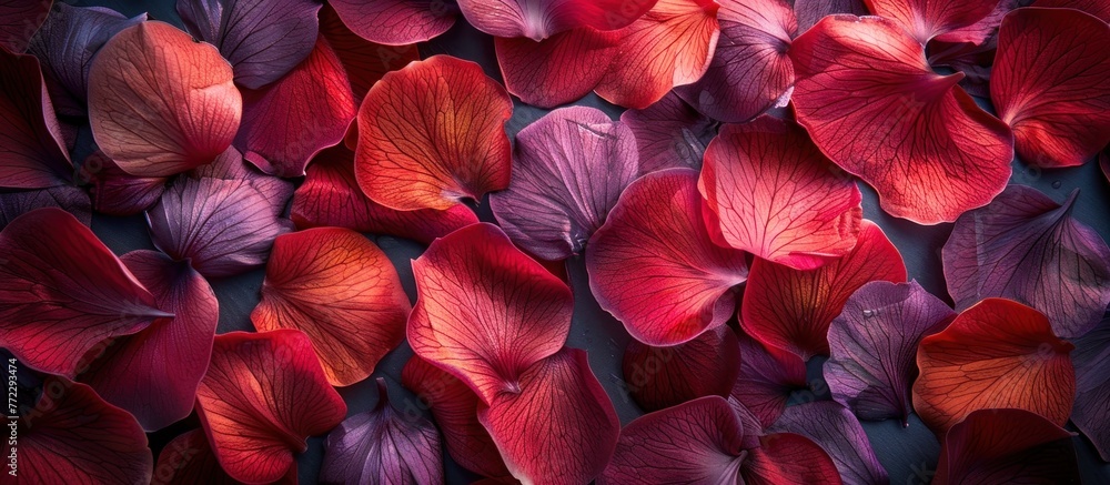 Collection of vibrant red and purple flowers arranged neatly on a table, creating a colorful centerpiece. Collection of vibrant red and purple flowers arranged neatly on a table, creating a colorful centerpiece.