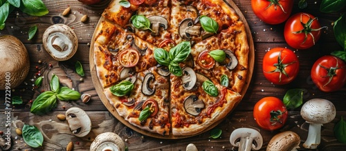A nutritious vegan pizza topped with sliced veggies and mushrooms, sitting on a wooden table.