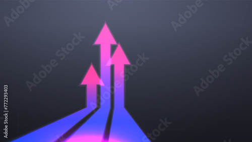 Rice up glowing neon arrows with perspective on dark background. Vector illustration