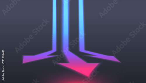 Glowing neon arrows with perspective on dark background. Vector illustration