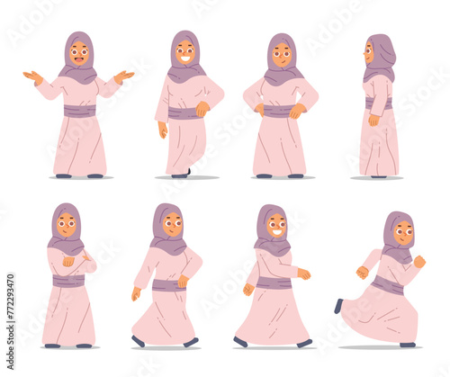 Set of young Arabian woman in different poses. Muslim female character figure collection photo