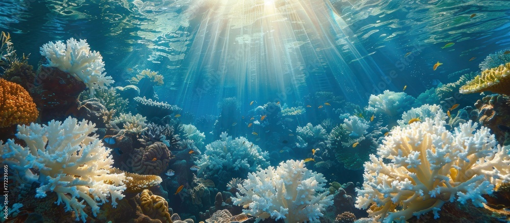 A view of a coral reef in the ocean with sunlight filtering through the water, illuminating the intricate white coral structures. - obrazy, fototapety, plakaty 