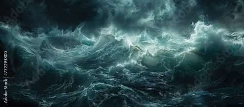 A large wave in the ocean is depicted in this artwork, capturing the powerful force as it crashes and churns in the tempestuous waters. photo