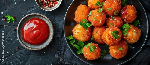 A black plate topped with deep fried potato balls filled with melted mozzarella cheese, alongside a bowl of ketchup.