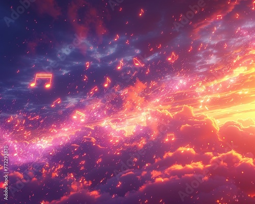 Musical notes in a dreamy, vibrant sky, ethereal and majestic, glowing light, panoramic perspective