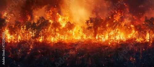A large fire is rapidly burning through a dense forest, engulfing trees in flames and releasing thick smoke into the sky.