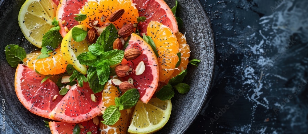 A bowl filled with a variety of sliced fruits and nuts, including oranges, strawberries, almonds, and walnuts, topped with a zesty lemon poppy seed dressing. A bowl filled with a variety of sliced fruits and nuts, including oranges, strawberries, almonds, and walnuts, topped with a zesty lemon poppy seed dressing.