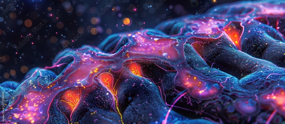 The image shows a close-up view of a purple and red substance, likely a result of Golgi staining on a mouse brain section. The colors indicate specific cellular structures and connections. - obrazy, fototapety, plakaty 
