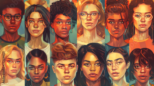 Illustration is a collage with many portraits of people of different ethnicity and gender
