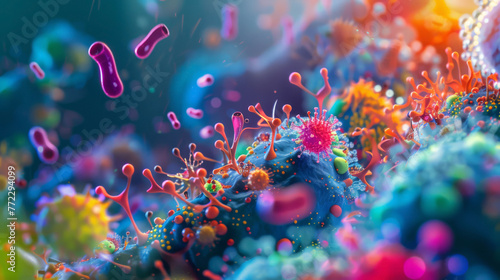 Colorful portrayal of the gut microbiome’s interaction with immune cells photo