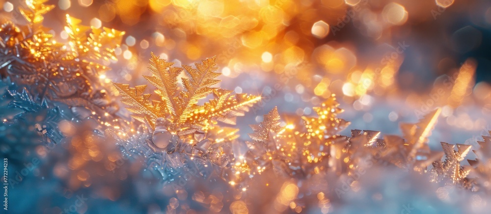 A macro shot capturing the intricate details of snowflakes settled on a windowpane, reflecting light. A macro shot capturing the intricate details of snowflakes settled on a windowpane, reflecting light.