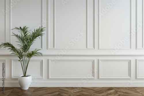 White classic wall background  brown parquet floor  home furniture detail  frame and vase of plant - generative ai