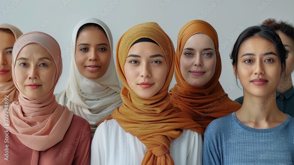 A group of women wearing colorful scarves stand together A group of women wearing colorful scarves stand together