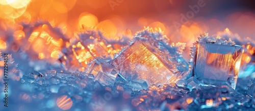 Detailed view of shimmering ice crystals with intricate patterns and textures.