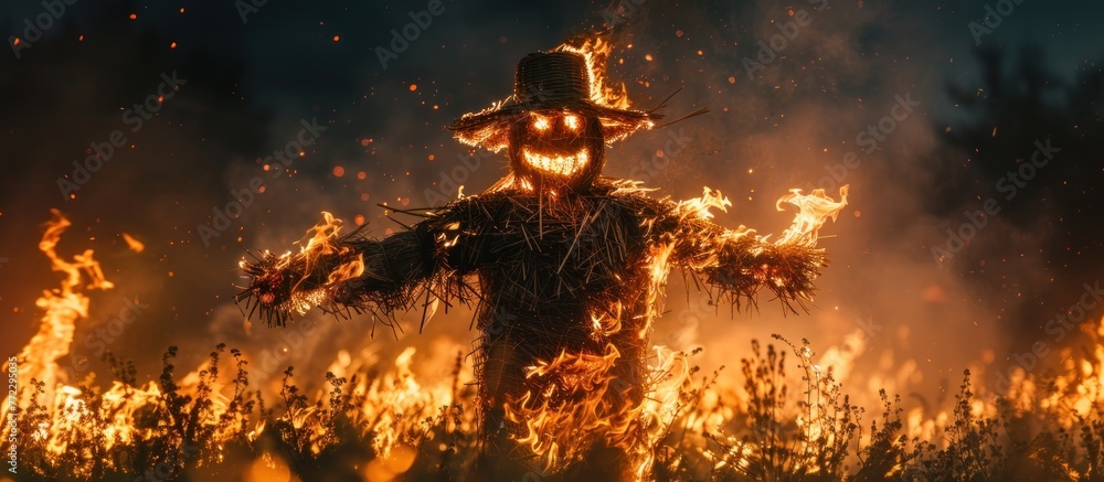 A scarecrow with a hat on stands in a field engulfed in flames at night.