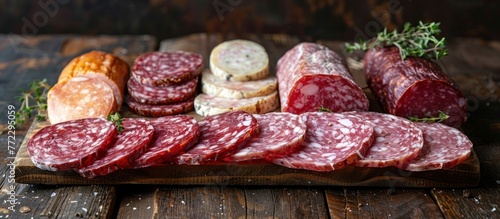 A wooden cutting board filled with various types of raw meat slices, including salami and ham. photo