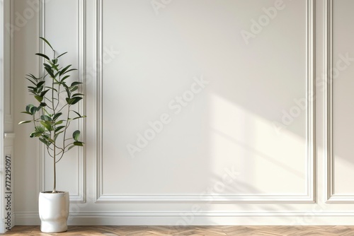 White classic wall background  brown parquet floor  home furniture detail  frame and vase of plant - generative ai